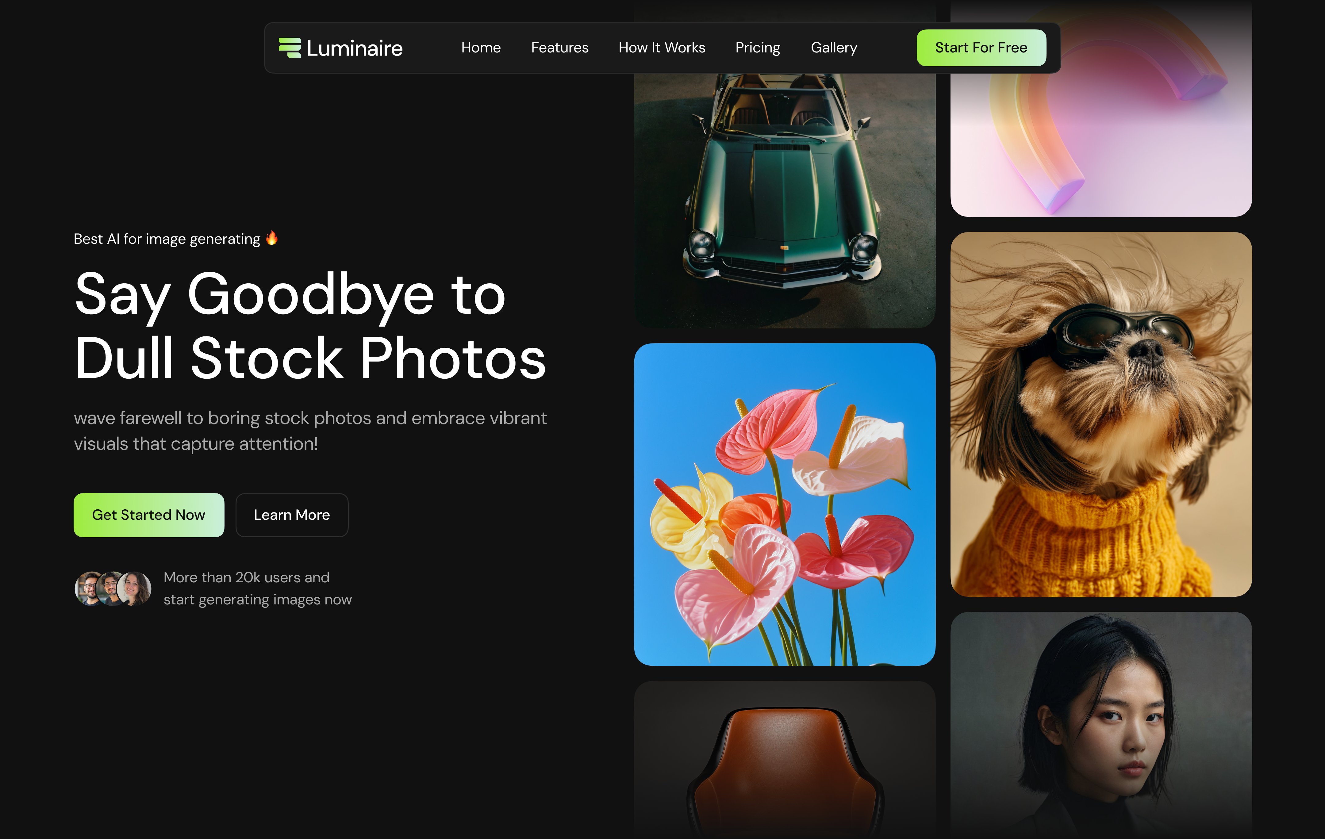 Luminaire landing page — AI image generation with hero copy and generated image gallery
