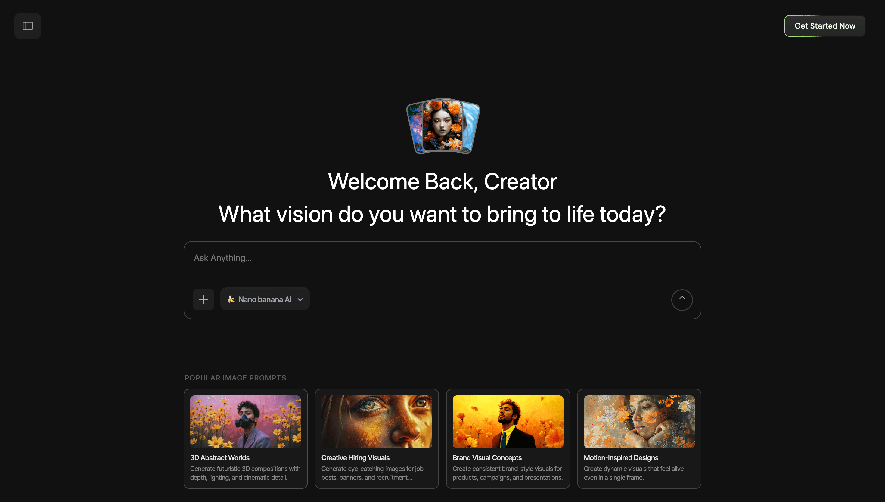 Luminaire landing page — AI image generation with hero copy and generated image gallery