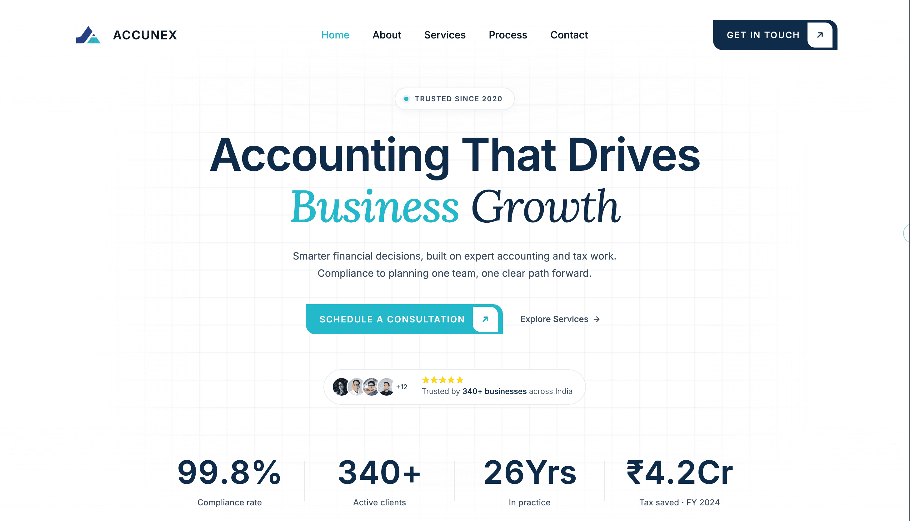 Accunex accounting landing page — hero with compliance stats, consultation CTA, and service highlights
