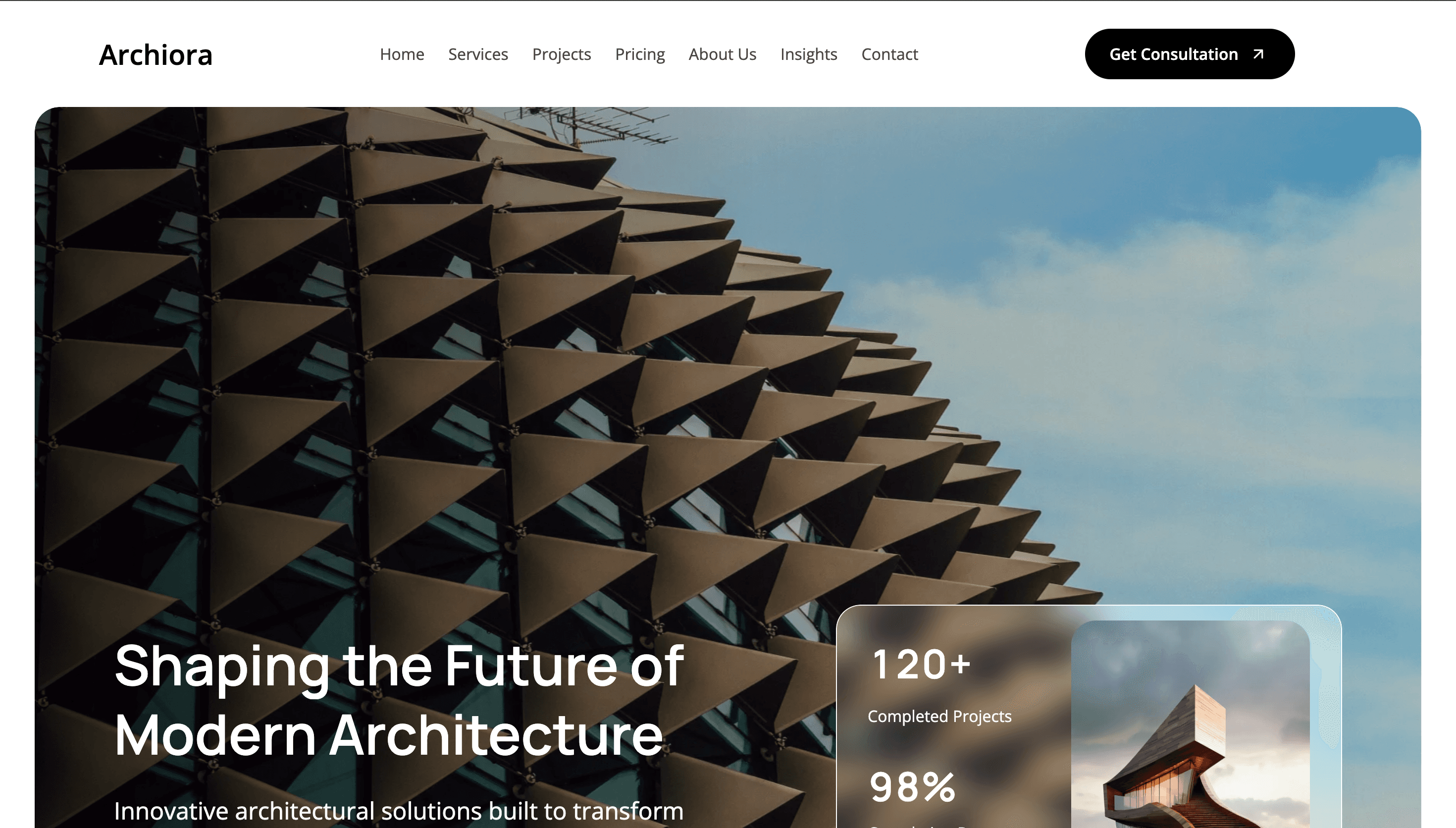 Archiora architecture agency homepage — hero with geometric facade photography and consultation CTA