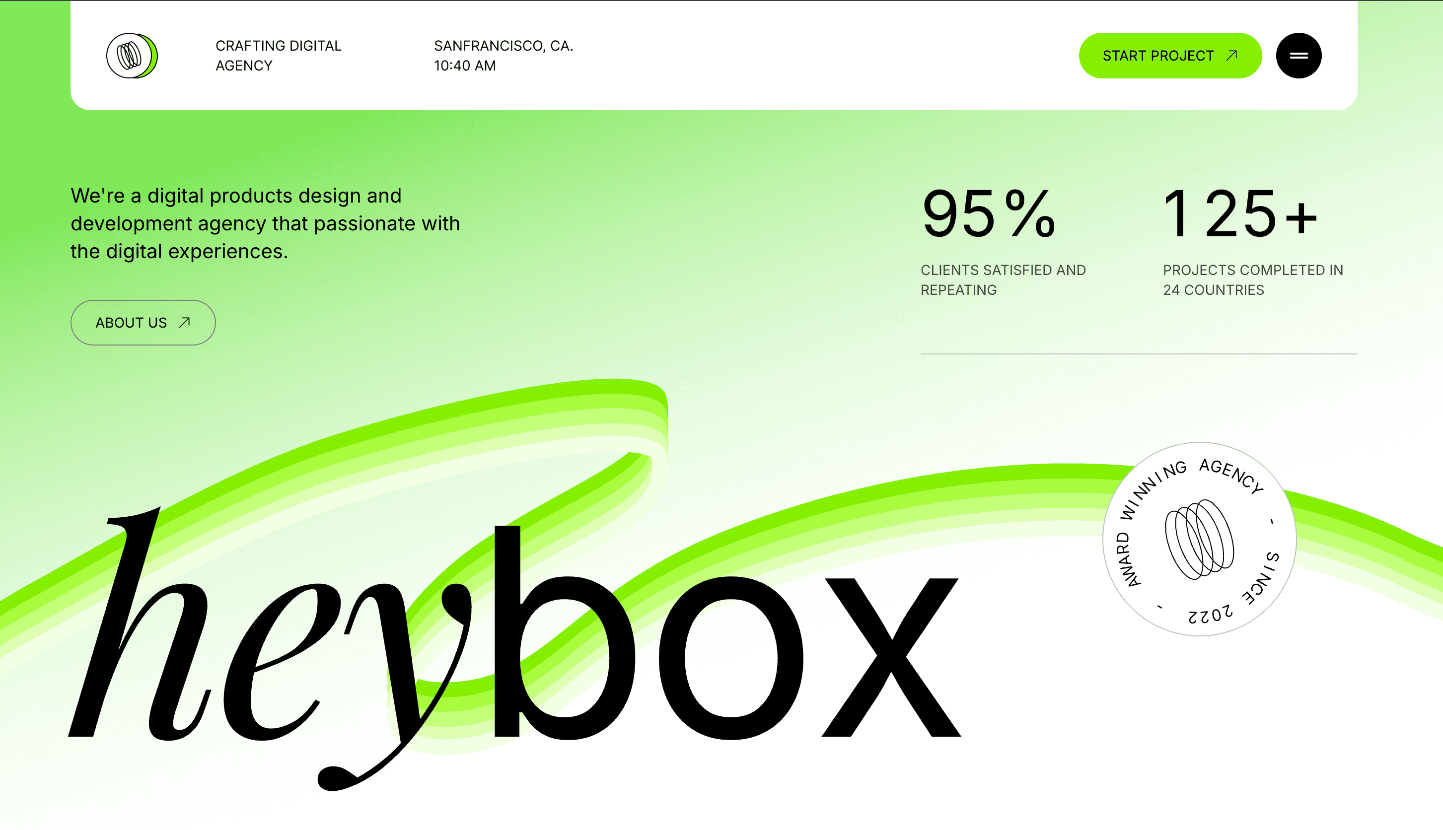 Heybox creative agency landing page — hero with bold typography, lime accent ribbon, and agency stats